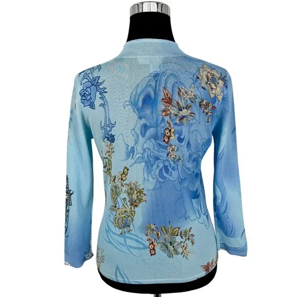 Vtg Alberto Makali Embroidered Floral Beaded Sequin Blue Knit Top M | Boho Indie - Picture 6 of 16